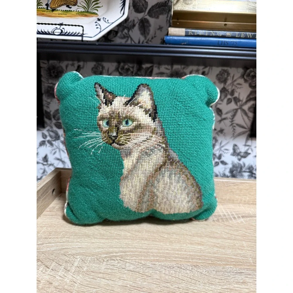 Vintage Siamese Cat Needlepoint Pillow Teal Floral Tapestry Grandmillennial